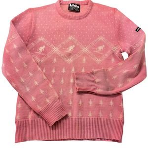 VINTAGE 80s PASTEL PINK nordic Fair Isle Ski Novelty SWEATER by Lido Skiers tree